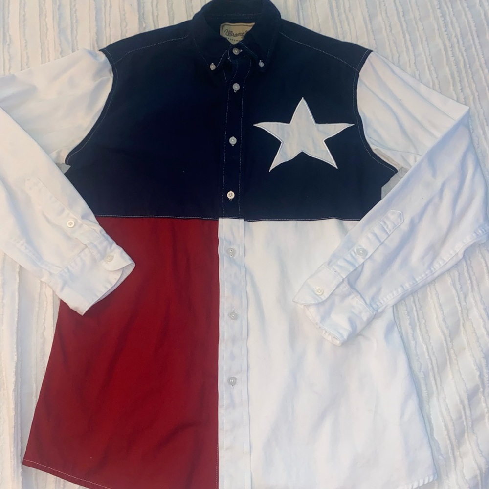 Red, white, and blue button down shirt